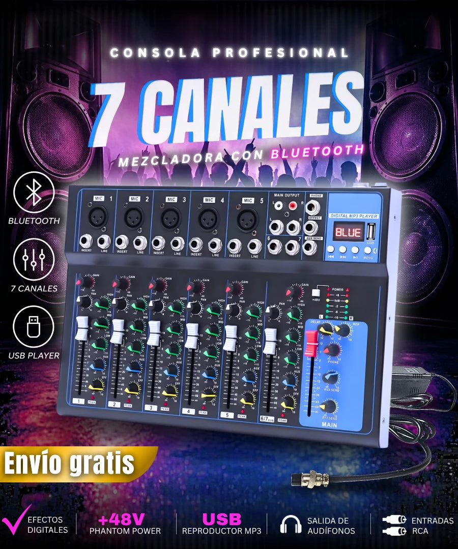 Consola Profesional 7 canales - bluetooth + mp3