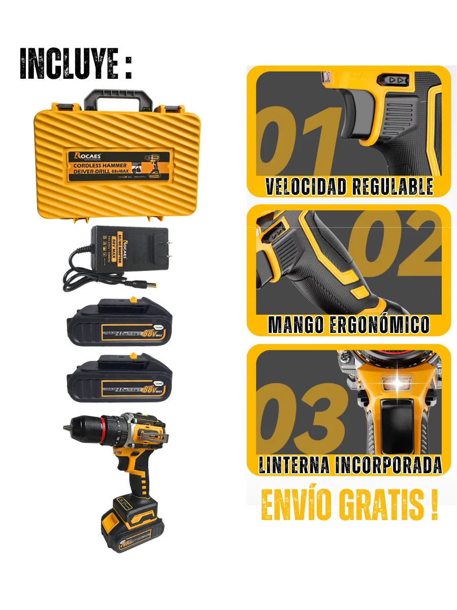 Potente Taladro 3 en 1 - 88v doble batería